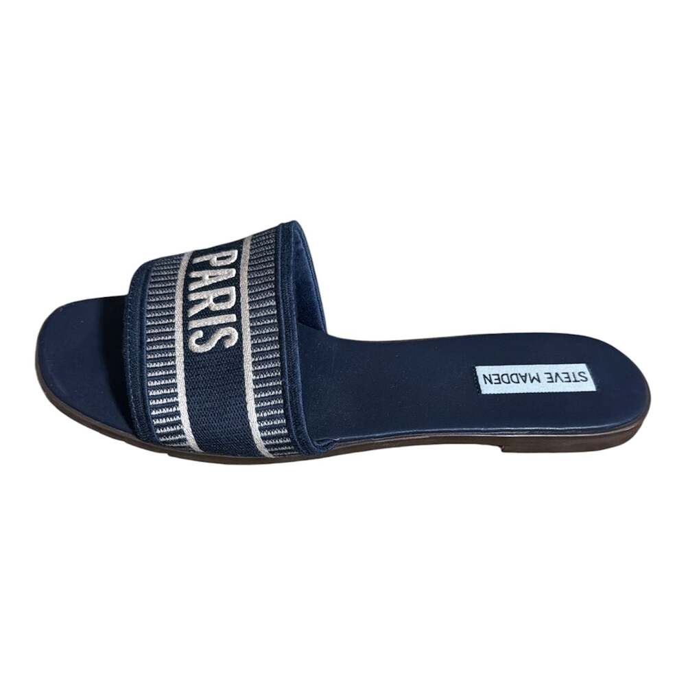 Steve Madden Knox Navy Embroidered 'PARIS' Slide Sandals